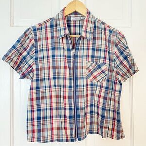 Vintage Arizona Jeans Womens Madras Plaid Short Sleeve Zipper Up Top Tagged L